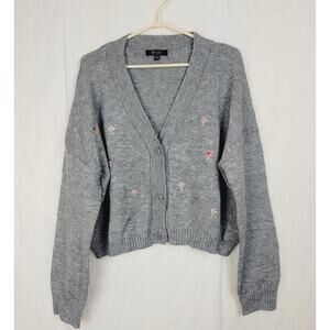 New Witty Fox grey embroidered dainty flowers cardigan sweater Size XL Cottage